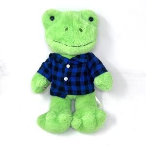 Build A Bear Spring Frog Plush Full Size‎ 16" Blue Plaid Shirt 2021 BABW Lovey